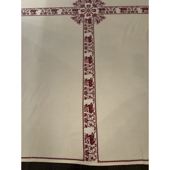 Vintage Christmas Tablecloth Nordic Red Cross Stitch 116x65” Cream Holiday Folk - Picture 16 of 16